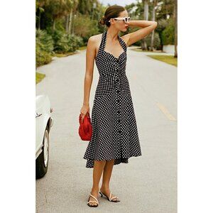 NWT Anthropologie Maeve Halter Ruched Midi Dress 00 Polka Dot Black White